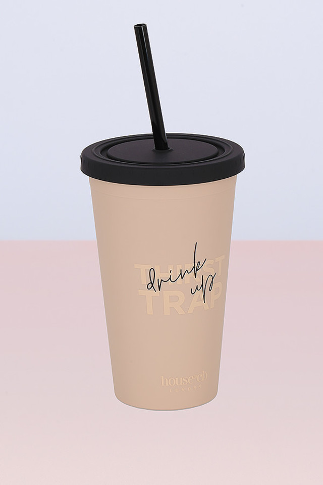 Beige & Black Insulated Cup with Straw